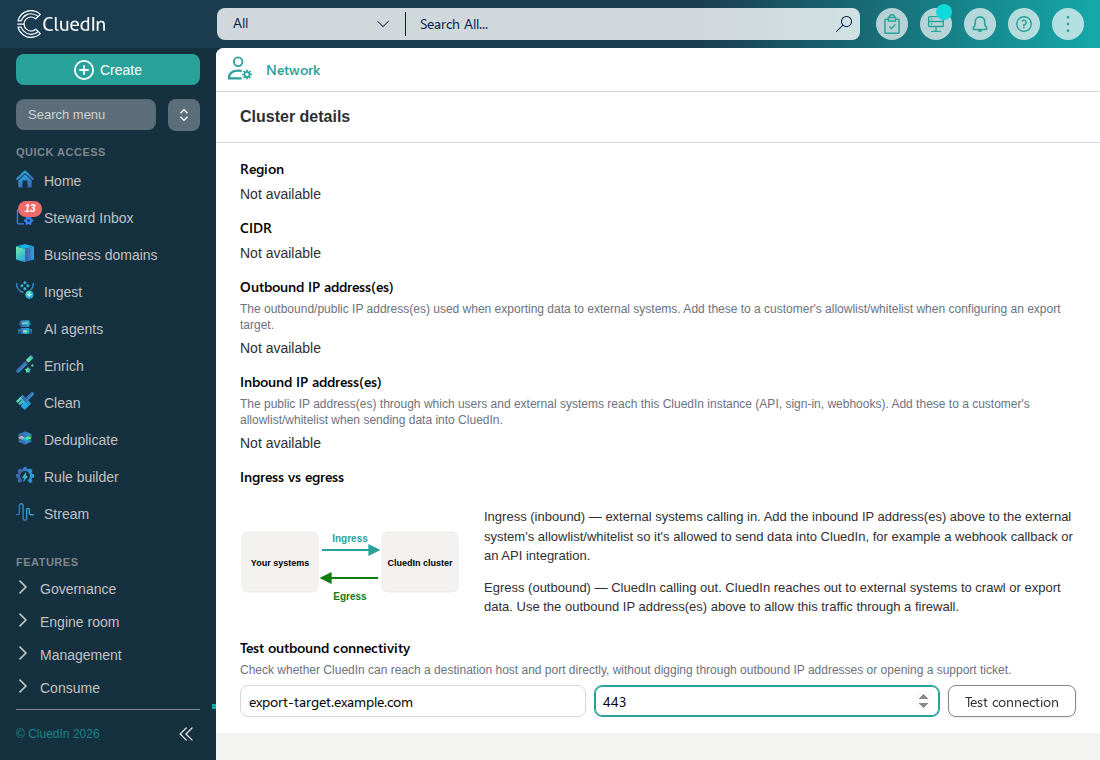 The Network page, showing Cluster details and the Test outbound connectivity control