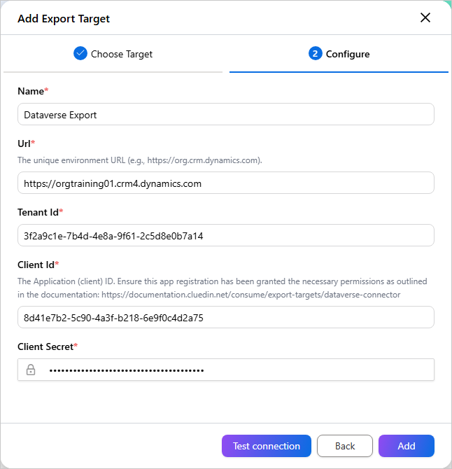 Configure tab of the Add Export Target pane with Name, Url, Tenant Id, Client Id and Client Secret filled in