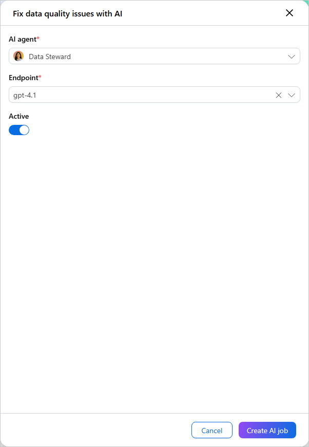 The Fix data quality issues with AI panel with AI agent Data Steward, an endpoint selected, the Active toggle on, and the Create AI job button