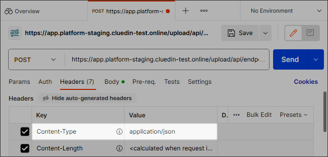 POST request Headers tab with the Content-Type key set to application/json