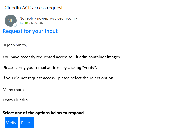 The CluedIn ACR access request email asking you to verify your email address, with Verify and Reject buttons