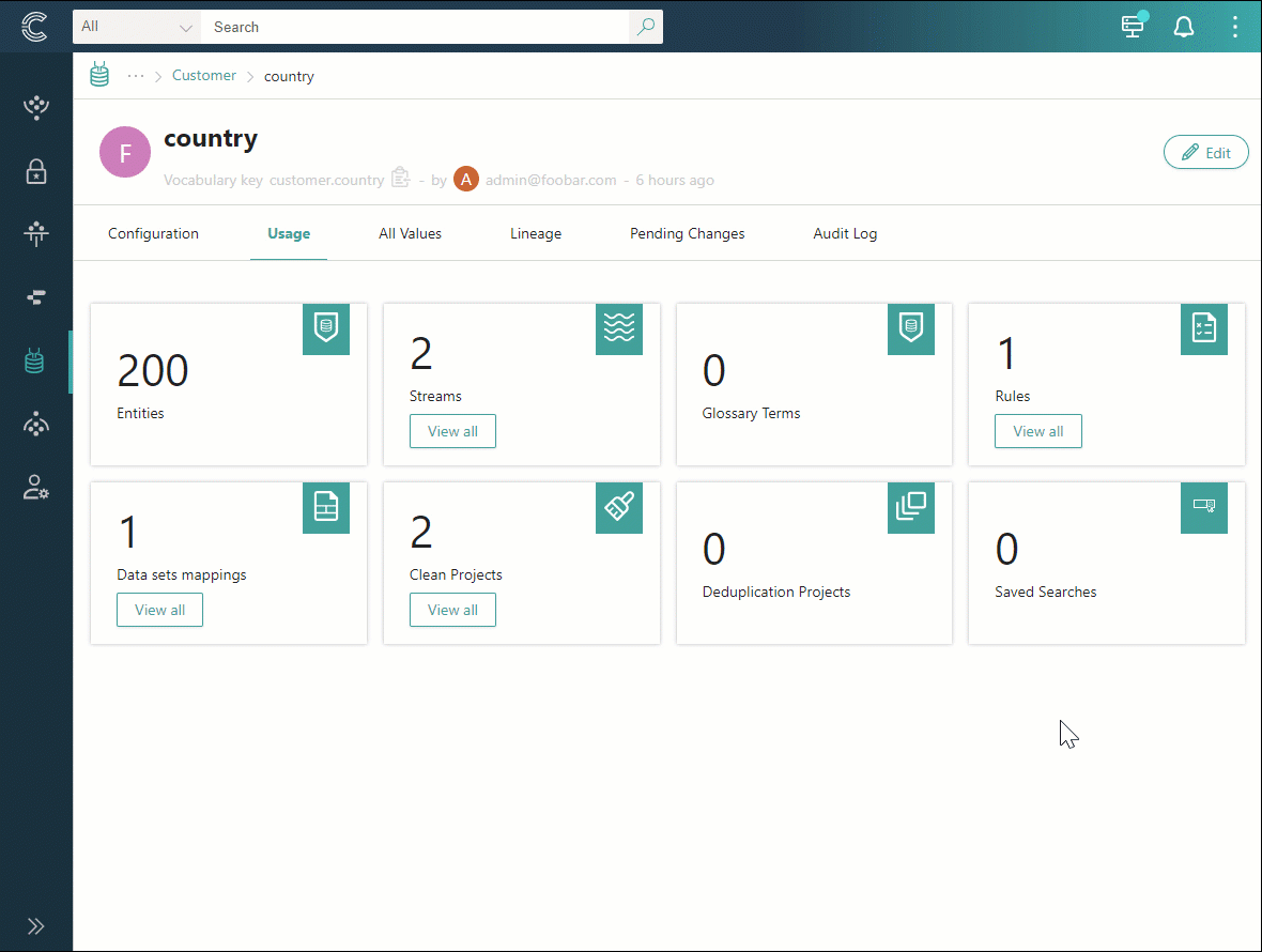 Animation: the Usage tab of a vocabulary key showing counts of entities, streams, rules, mappings and clean projects, then selecting View all