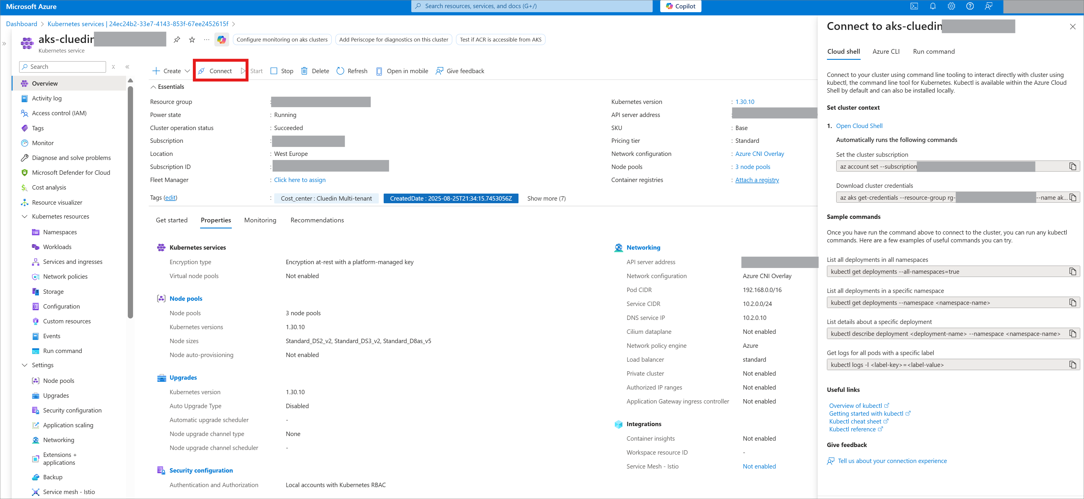 The AKS cluster page in Azure Portal with Connect highlighted, opening a Connect pane with the az aks get-credentials command to download cluster credentials